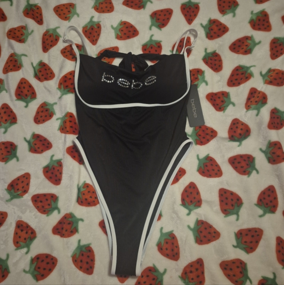 Bebe Rhinestone Tie Back One Pice Swimsuit Ribbed Black Size M